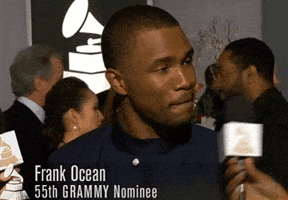 Celebrity gif. Frank Ocean stands at a Grammy interview and looks away from the interviewer nonchalantly, his mouth drooping into an indifferent frown. Text, "Not bad."