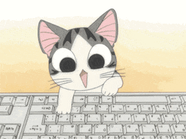 Anime gif. Chi from Chi's Sweet Home types on a keyboard with excitement, an open smile and wide eyes.