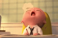 Movie gif. Boss Baby sits in his high chair with his head back as he sleeps lifelessly. His tongue is falling out of his mouth and his eyes are rolled back. His big head rolls around and falls flat onto the table, jerking him awake. Hes now back in business, like he was never asleep, and picks up his file to read it better.