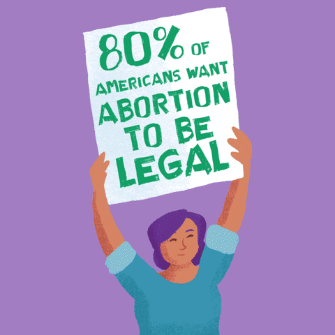 Digital art gif. Flips through different colored backgrounds and animations of six people of different genders and races, all holding aloft a sign that reads, "Eighty percent of Americans want abortion to be legal."