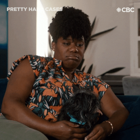 TV gif. Sitting on a couch holding her dog, an exasperated Adrienne C. Moore as Detective Duff nods and says, “Yeah. Yes. Pretty much sums it all up. Mmm-hmm.”