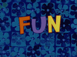 SpongeBob gif. SpongeBob cartwheels with a joyous expression across a blue-checkered background and over the word "Fun" in orange, purple, and yellow block letters.