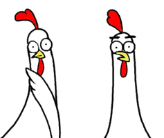 Illustrated gif. Two cartoon chickens flap their wings in surprise, one covering its mouth with its wing. Purple text reads, "Damn!"