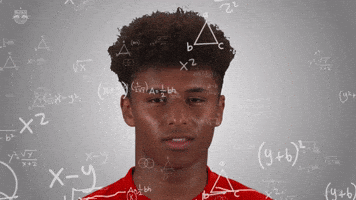 Celebrity gif. Footballer Karim Adeyemi looks up, for answers, confused, as math equations float around his head.