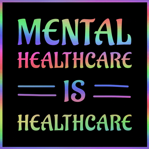 Digital art gif. See-through letters against a rainbow background spell out, "Mental healthcare is healthcare," on top of a black background with a rainbow border.