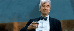 Celebrity gif. Sam Waterston in a suit and bowtie slowly holds up a glass of alcohol with a smug expression on his face. The wind rustles through his silver hair. 