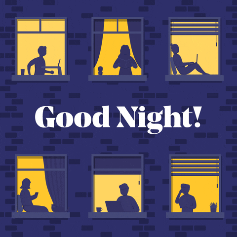 Illustrated gif. Windows in a blue brick building light up to reveal silhouettes inside. One by one the lights go out in each window. Text, "Good night!"
