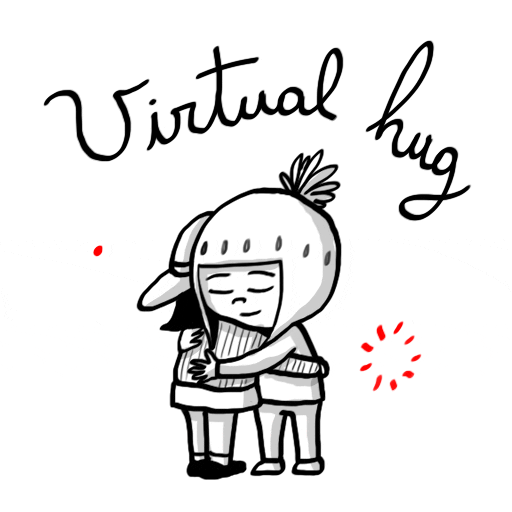 Illustrated gif. A black and white illustration of two cutely drawn people hugging each other with a lot of love and warmth. Red hearts appear and pop like fireworks around them. The cursive text above them says, “Virtual hug.”