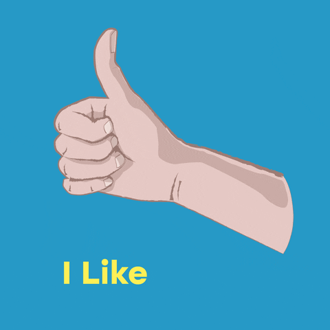 Cartoon gif. Against a blue background, a forearm and hand giving a thumbs up rocks back and forth. Text, "I like!!"
