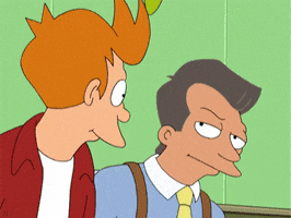 Cartoon gif. Fry on Futurama smiles at a man with gray hair as the man unenthusiastically says, “awesome. Awesome to the max.”