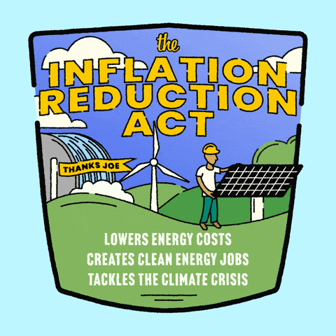 Digital art gif. Artwork of a waterfall, a flag that reads, “Thanks Joe,” a windmill, and a man working on a solar panel under a blue sky against a light blue background. Text, “The Inflation Reduction Act lowers energy costs, creates clean energy jobs, tackles the climate crisis.”