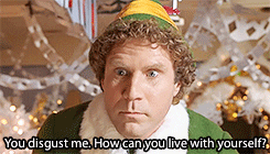 Movie gif. Will Ferrell as Buddy in Elf glares intensely and speaks emphatically, saying, "You disgust me. How can you live with yourself?"