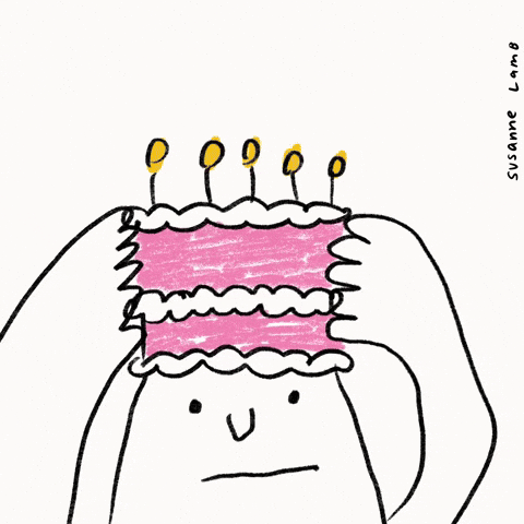 Digital illustration gif. Simple line drawing of a smiling person pops up from the bottom of the screen with a pink cake. They drop the entire cake in their mouth and burp out speech text that says, "Happy Birthday to me'
