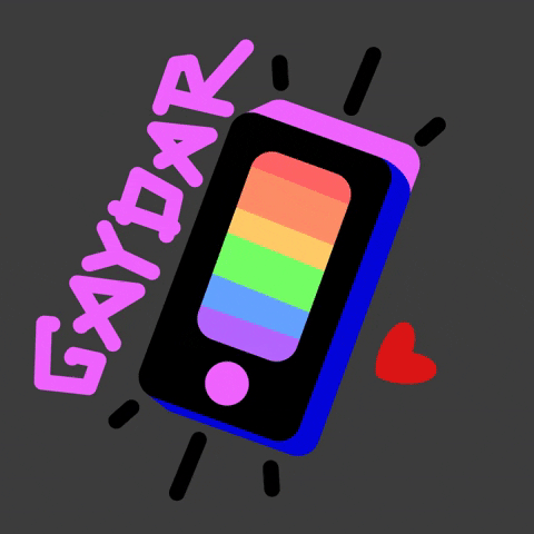 Digital art gif. Device labeled "Gaydar" has a screen that flashes vibrant rainbow colors and is bordered with dark blue and bright magenta. Moving lines emerge out of the device, as if it has detected something, and a red heart beats next to it.