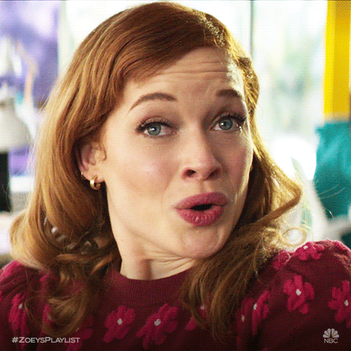 TV gif. Jane Levy as Zoey in Zoey's Playlist. She looks nervous and she exhales deeply as her shoulders shrug down while her mouth makes an "O" shape.