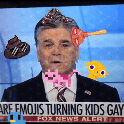 Video art gif. Photo of Sean Hannity on TV behind a chyron that reads "Fox News Alert: Are Emojis Turning Kids Gay." The image is overlaid with various animated emojis: poop wearing sunglasses and chewing bubble gum; yellow cat galloping on Hannity's shoulder; plunger sucking on the side of Hannity's head; and a pile of glowing skulls on the top of his head.