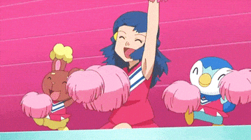 Pokémon gif. Buneary, Dawn, and Piplup wear fuchsia cheerleading outfits against a matching vibrant backdrop and synchronously pump their light pink pom poms in the air, their eyes closed and their smiles bright.