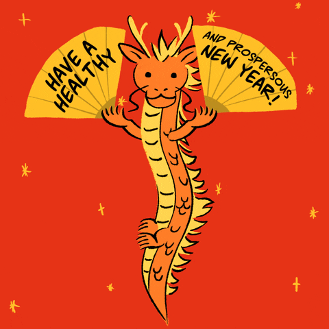 Illustrated gif. A dragon holds up two yellow umbrellas in both hands and flies vertically in the air. Yellow sparkles are in the back on a red background. The text, "Have a healthy and prosperous new year!" is written on the umbrellas. 