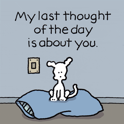 Cartoon gif. Chippy the Dog sits on a pillow looking at us. Text reads, "My last thought of the day is about you." He holds out a finger to turn off a light switch and the screen turns to black, a single pink heart against a black background. 