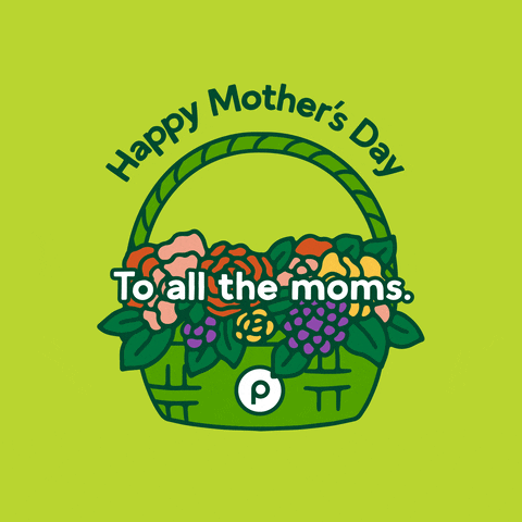 Digital illustration gif. Green basket of red, purple, pink and yellow flowers rests below the message, "Happy Mother's Day. Thank you to all the moms."