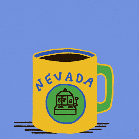 Digital art gif. Yellow mug full of coffee featuring a slot machine labeled “Nevada” rests over a light blue background. Steam rising from the mug reveals the message, “Vote early.” 
