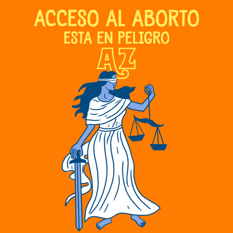Digital art gif. Blindfolded and barefoot blue-toned Lady Justice dressed in a flowing white toga holds a sword in one hand and a swinging scales of justice in her other hand against an orange background. Text, “Acceso al aborto esta en peligro AZ.”
