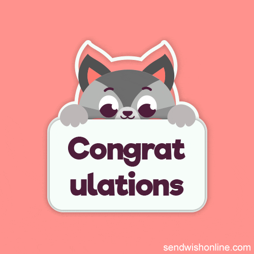 Kreslená pohyblivá animace s objevující se kočičkou zpoza cedule s nápisem "Congratulations". 