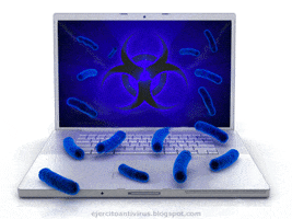 Digital art gif. A laptop with a biohazard symbol on the screen has 3D bacteria all around it.