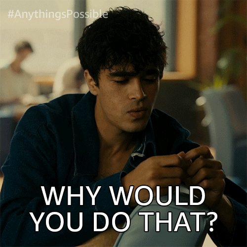 Movie gif. Abubakr Ali as Khalid in Anything is Possible sits in a chair sideways, leaning his arms on top of the chair and picking at his fingernails. He turns to look over his shoulder and says, “Why would you do that?”