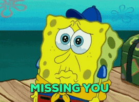 Spongebob gif. Spongebob struggles to hold back sobs behind a quivering pout as tears fill his eyes. Text, "missing you"