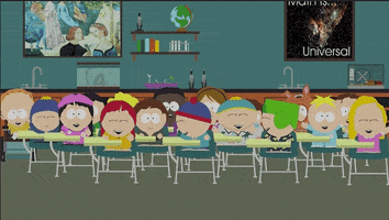 South Park gif. The cast of South Park are sitting inside a classroom and everyone is laughing and dancing happily in their pajamas.