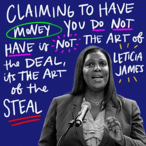 Text gif. Black and white photo of Leticia James against a navy blue background reads the quote in dancing text, “Claiming to have money you do not have is not the art of the deal, its the art of the steal. Leticia James.”