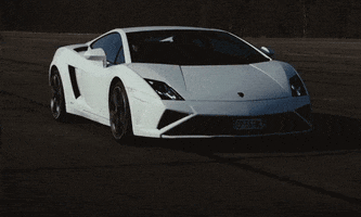 Video gif. White Lamborghini slowly rolls, cruising down a road.