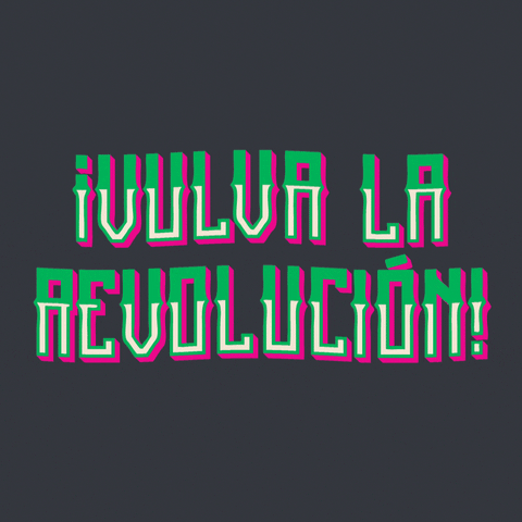 Digital art gif. Pink and green text in Mexican-style font says, "Vulva la revolucion!" against a gray background.