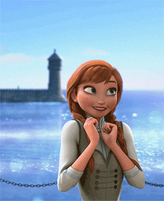 Disney gif. Anna from Frozen is supremely excited about something and her eyes move all over the place. Her hands are at her chest but she begins to jump up and down and points before crossing her arms again, trying to calm herself.