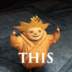 Cartoon gif. A boy with spiky blond hair points with both hands to an arrow bouncing above his head as he smiles eagerly. Text, "This."
