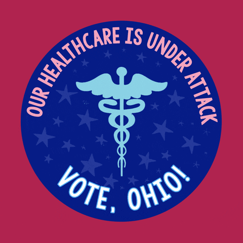 Digital art gif. Blue circular sticker against a dark pink background features a light blue medical symbol of a staff entwined by two serpents, topped with flapping wings and surrounded by light blue dancing stars. Text, “Our healthcare is under attack. Vote, Ohio!”