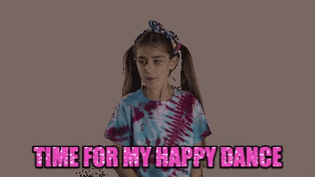 Video gif. A young girl with pigtails is doing a happy dance by putting each hand up as a sideways thumb and bopping her head and body along to the rhythm. Text, "Time for my happy dance."