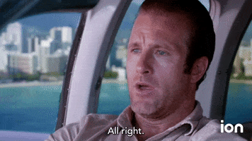 TV gif. Alex O'Loughlin as Steve in Hawaii Five-0 in a cockpit, with an oceanfront community in the background, looks to the side and then looks forward, determined, saying, "All right. Here we go."