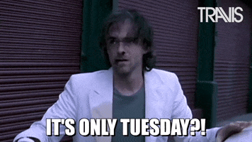 Celebrity gif. Travis band member Fran Healy appears painfully dazed with tousled hair, a bruised face, and a bloody nose. Text reads, "It's only Tuesday?!"