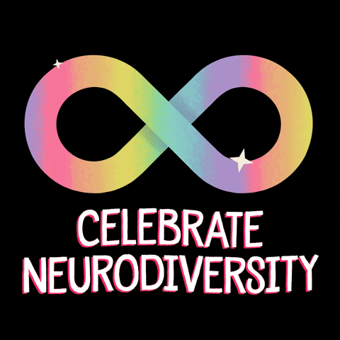 Digital art gif. Below a flashing rainbow infinity sign, text reads, "Celebrate neurodiversity," all against a black background.
