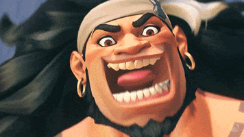 Video game gif. Closeup of Mauga from "Overwatch 2" doing a wide and intense evil-looking laugh as the whole frame shakes.