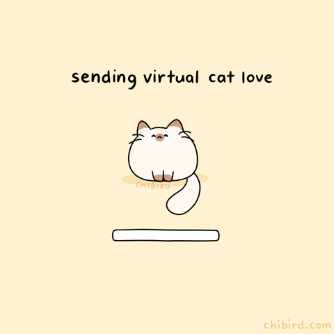 Kawaii gif. Resembling an online loading screen, a white cat wags its tail, sitting beneath text that says "sending virtual cat love" while a yellow progress bar loads. When the progress bar finishes loading, text appears, "love sent!"