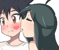 Anime gif. Woman leans in to kiss a grumpy man who blushes as a heart appears where she kissed him.