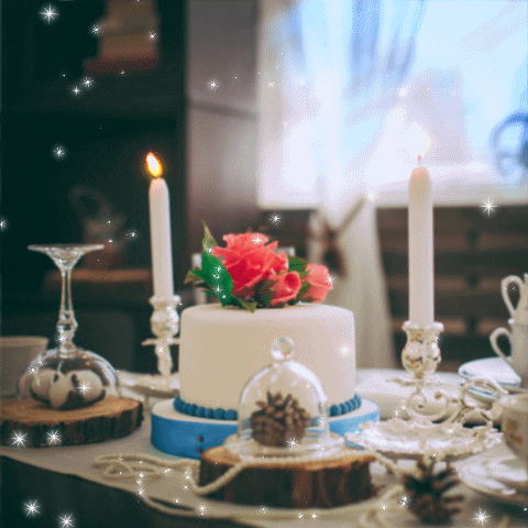 Photo gif. Cottage core-aesthetic tablescape featuring a red-rose-topped cake in the center surrounded by white tapers, and pinecones under glass cloches atop slabs of tree trimmings. White stars glow and sparkle all over.
