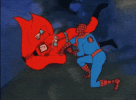Cartoon gif. Spider Man kneels and throws fists at a red villian. The villain shows back punches as he floats sideways in the air 