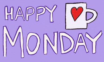 Text gif. White text on a lavender background reads "Happy Monday," and a white coffee cup with a red heart on it sways in the corner.