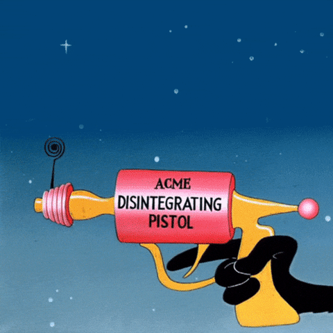 Digital art gif. Hand pulls the trigger of a cartoon gun labeled “Acme Disintegrating Pistol,” which instantly disintegrates and falls away against a starry night sky. Text, “Guns are the problem.”