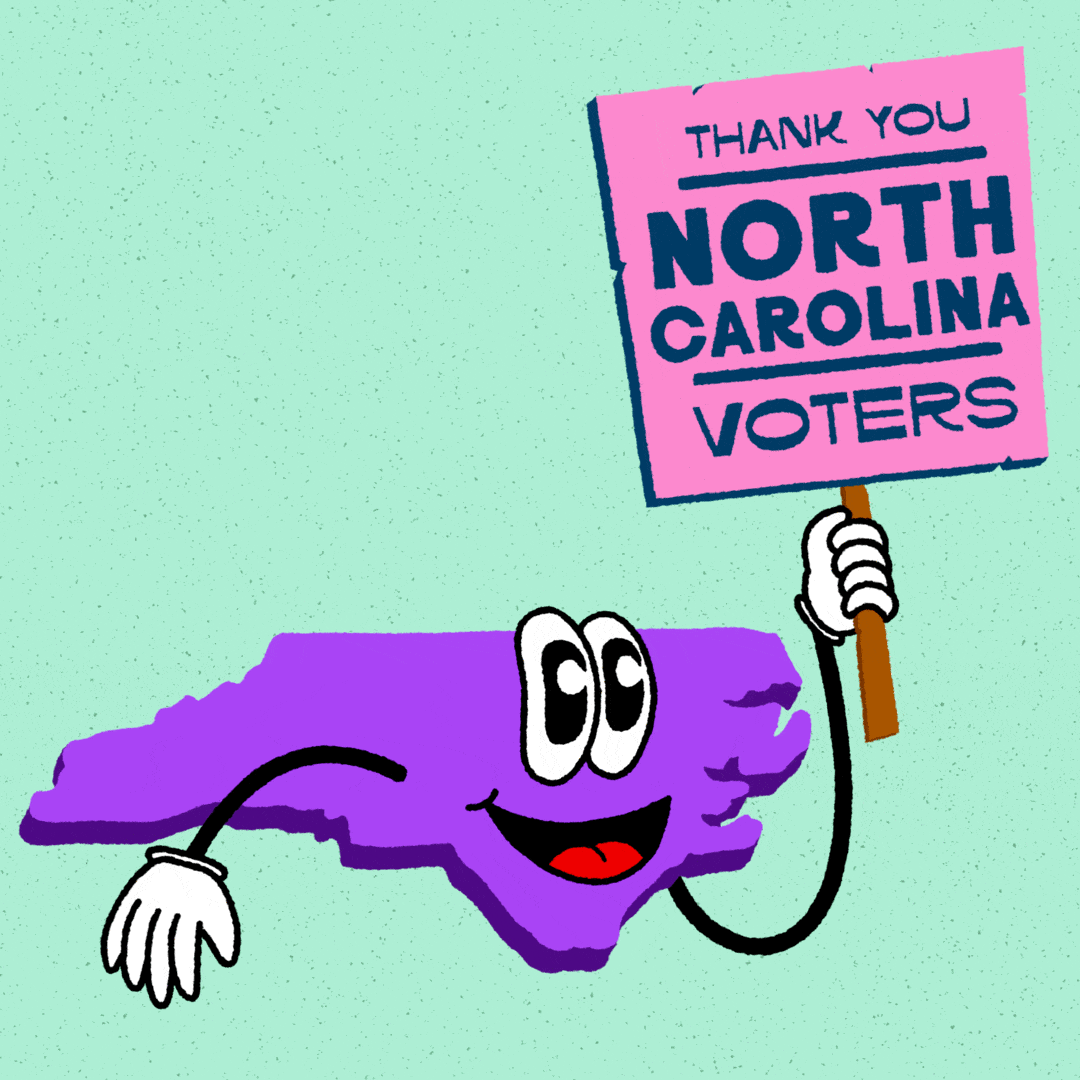 Digital art gif. Neon purple graphic of the anthropomorphic state of North Carolina on a mint green background holding a pink picket sign that reads "Thank you North Carolina voters!"