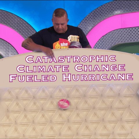Game show gif. Contestant on The Price is Right drops a round, pink disc downward into a Plinko-style game. Text at the top reads, "Catastrophic Climate Change Fueled Hurricane." The disc jumps around, moving towards the following six prases: “BIPOC people in NC, BIPOC people in Florida, BIPOC people in Puerto Rico, BIPOC people in DR, BIPOC people in Texas, BIPOC people in Louisiana, BIPOC people in SC.”